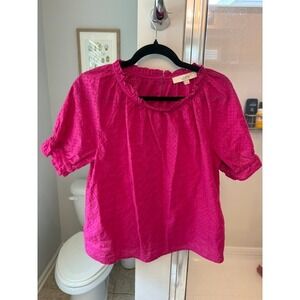 LOFT Pink Eyelet Embroidered Cotton Puff Sleeve Blouse Size Small
